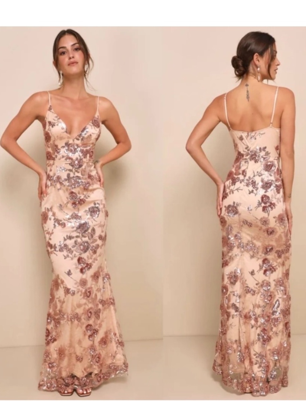 NWT Lulus Shine Language Rose Gold Sequin Mermaid Maxi Dress L